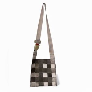 Upcycled Woven Seatbelt Crossbody Bag with Buckle Neutral Checkerboard Crossbody